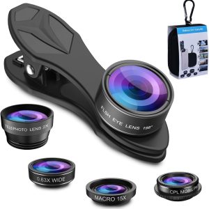 MIAO LAB 5 in 1 Phone Camera Lens Kit -0.63X Wide Angle Lens & 15X Macro Lens+190??Fisheye Lens/CPL + 2X Telephoto Lens Compatible with iPhone Samsung Sony and Most of Smartphone
